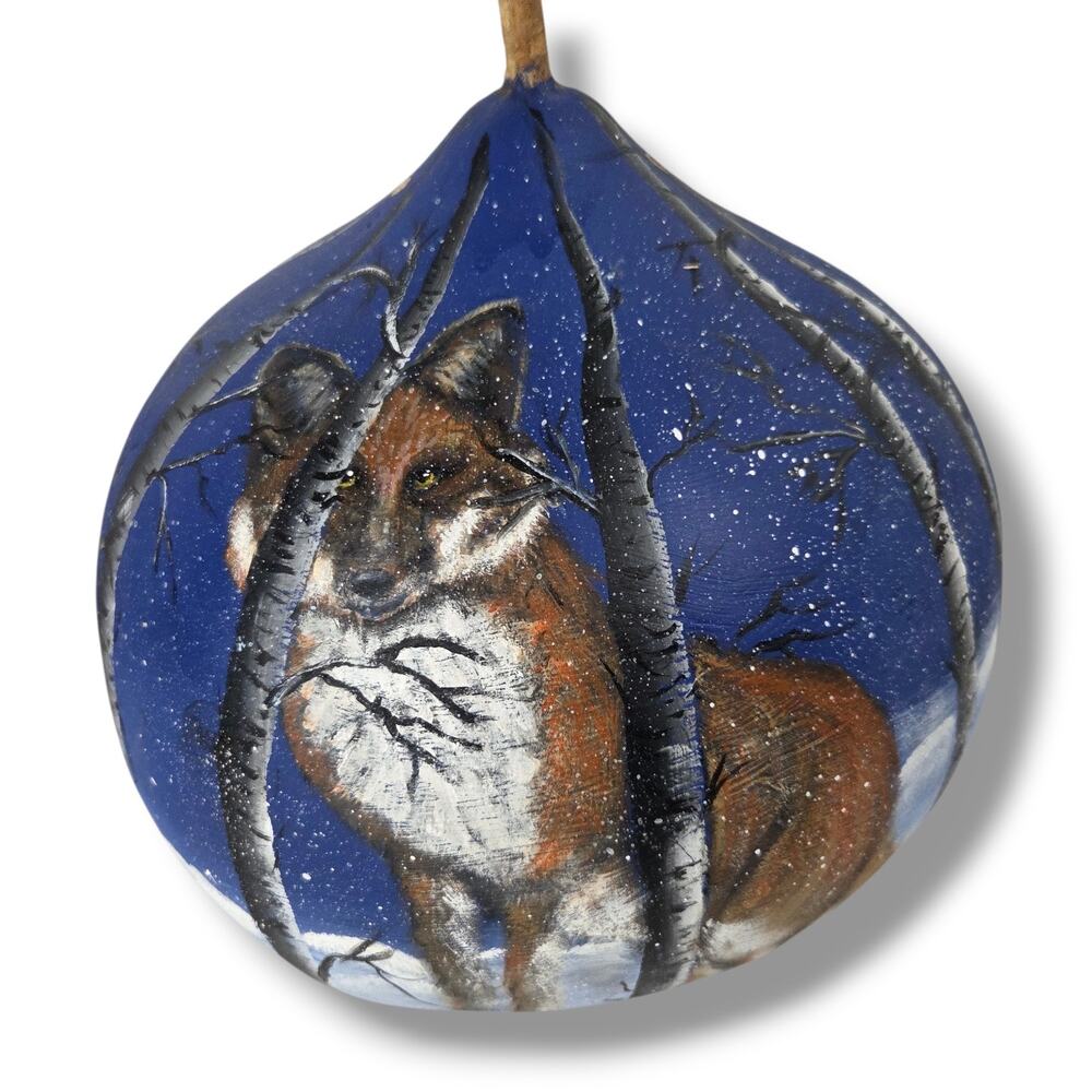 Hand Painted Gourd Red Fox Winter Scene Birch Trees Nature Blue Sky Snow Forest